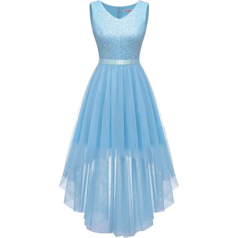 BeryLove Women Tulle Lightblue Chiffon Scoop Neck Sleeveless Cocktail Dresses
